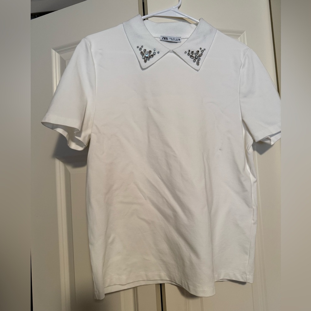 Zara White Embellished Collar Women’s Shirt
